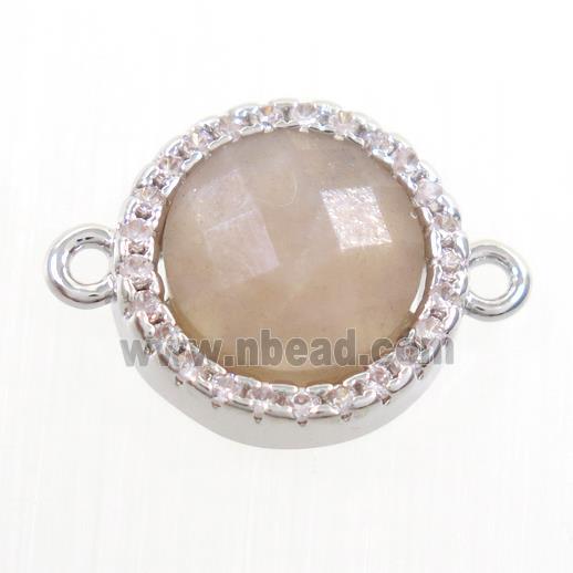 peach Moonstone connector paved zircon, circle, platinum plated