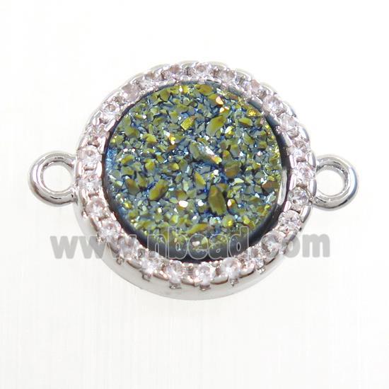 green Druzy Quartz connector paved zircon, circle, platinum plated