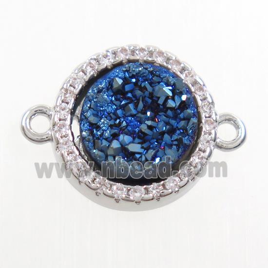 blue Druzy Quartz connector paved zircon, circle, platinum plated