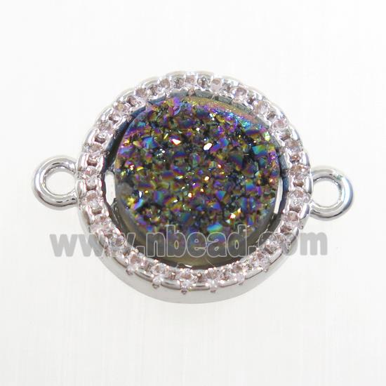 rainbow Druzy Quartz connector paved zircon, circle, platinum plated