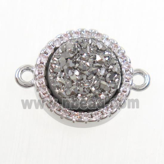 silver Druzy Quartz connector paved zircon, circle, platinum plated