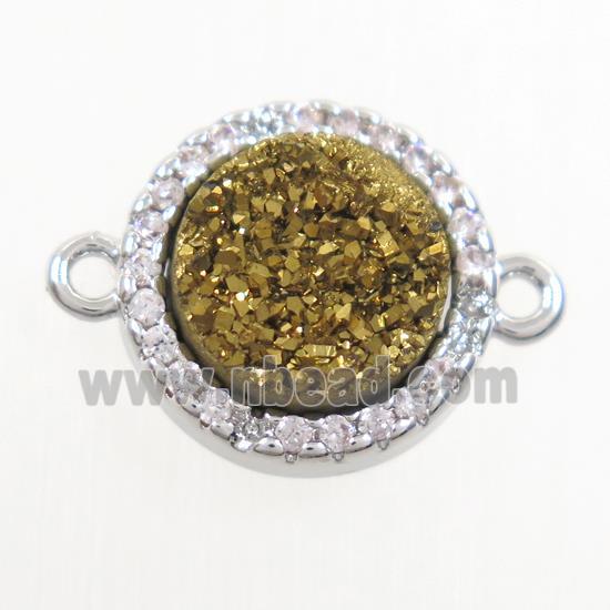 gold Druzy Quartz connector paved zircon, circle, platinum plated