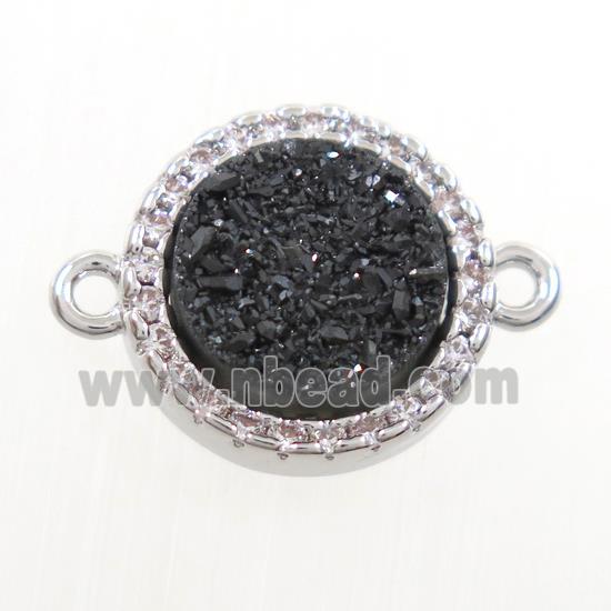 black Druzy Quartz connector paved zircon, circle, platinum plated