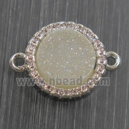 white AB-color Druzy Quartz connector paved zircon, circle, platinum plated