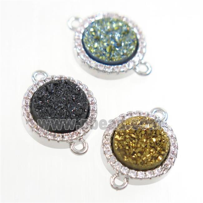 mixed color Druzy Quartz connector paved zircon, circle, platinum plated