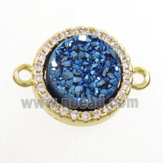 blue Druzy Quartz connector paved zircon, circle, gold plated