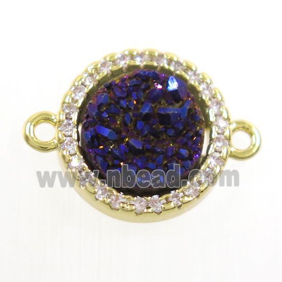 purple Druzy Quartz connector paved zircon, circle, gold plated