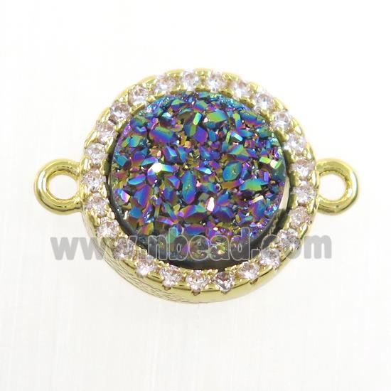 rainbow Druzy Quartz connector paved zircon, circle, gold plated