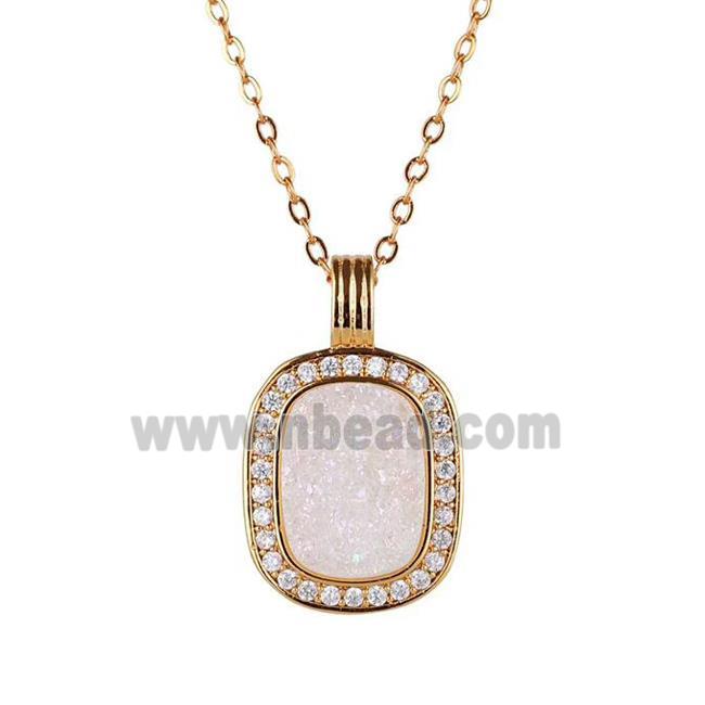 white AB-color Druzy Agate necklace pave zircon, copper, 24k gold plated