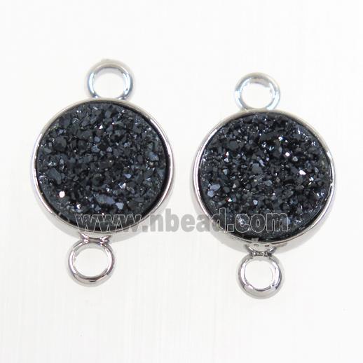 black Druzy Resin connector, circle, platinum plated