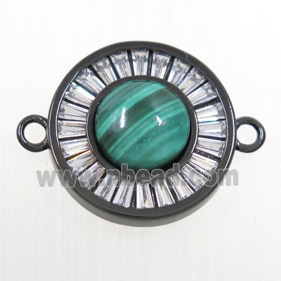 green Malachite circle connector pave zircon, brass, black plated