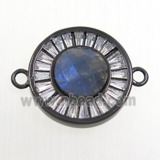 Labradorite circle connector pave zircon, brass, black plated