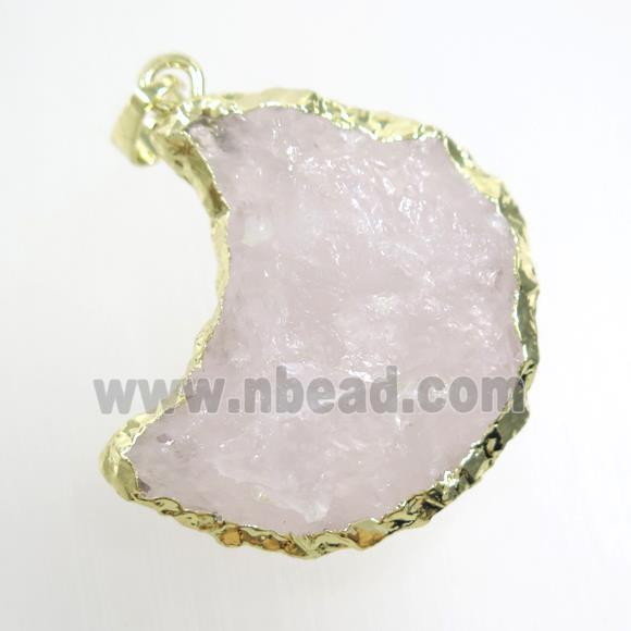 hammered Rose Quartz crescent moon pendant, gold plated