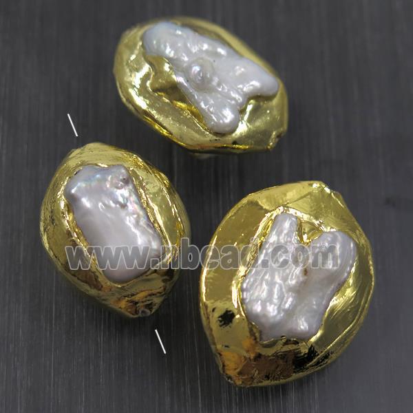 white baroque style Pearl beads, freeform, gold plated