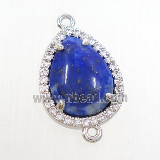 blue Lapis Lazuli teardrop connector pave zircon, platinum plated