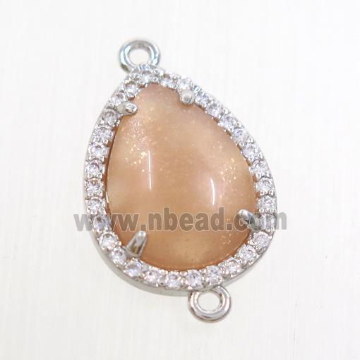 peach MoonStone teardrop connector pave zircon, platinum plated