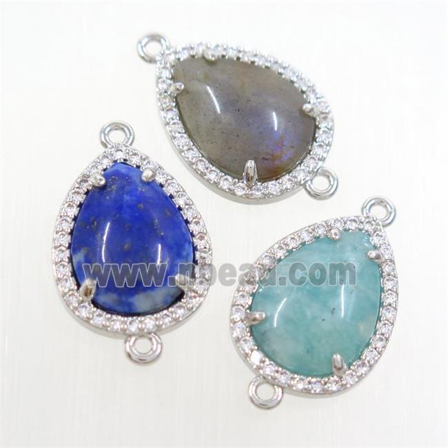 mix gemstone teardrop connector pave zircon, platinum plated