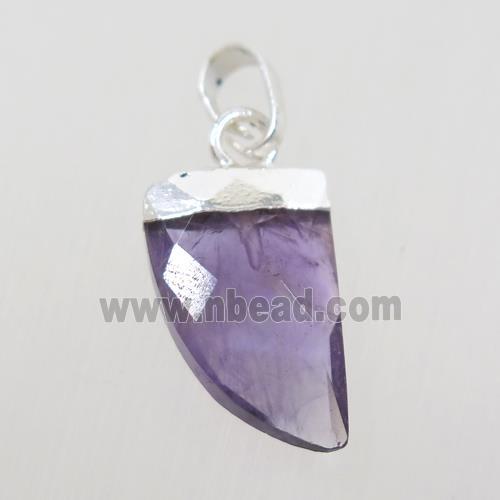 purple Amethyst horn pendant, silver plated