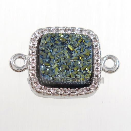 green druzy quartz square connector pave zircon, platinum plated