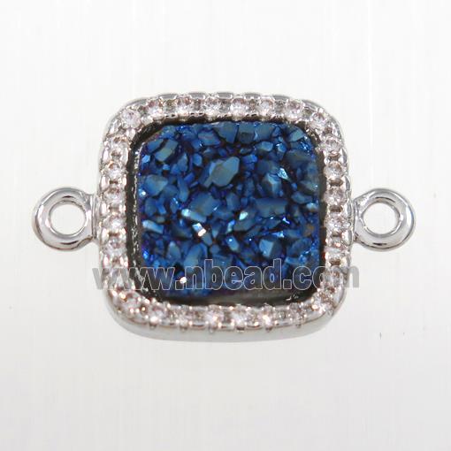 blue druzy quartz square connector pave zircon, platinum plated