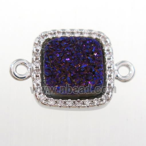 purple druzy quartz square connector pave zircon, platinum plated