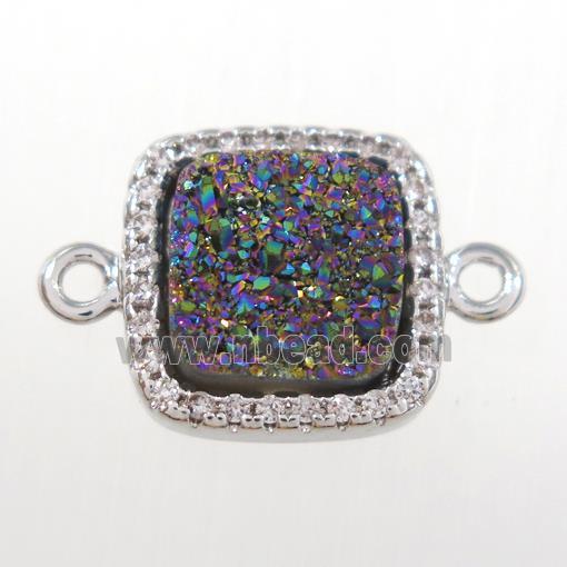 rainbow druzy quartz square connector pave zircon, platinum plated