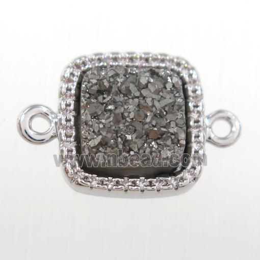 silver druzy quartz square connector pave zircon, platinum plated