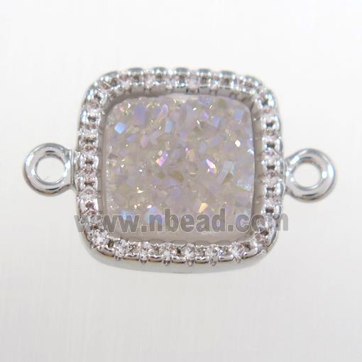 white ab-color druzy quartz square connector pave zircon, platinum plated