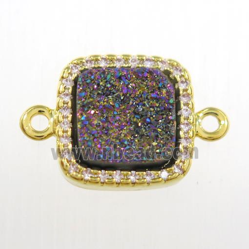 rainbow druzy quartz square connector pave zircon, gold plated