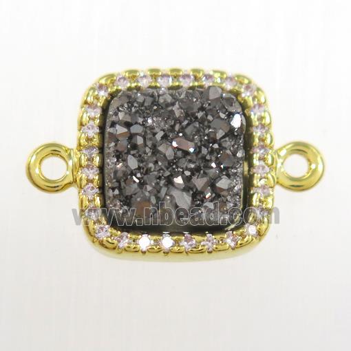 silver druzy quartz square connector pave zircon, gold plated