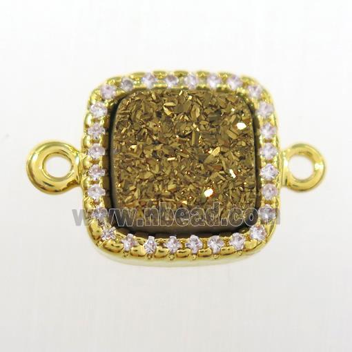 golden druzy quartz square connector pave zircon, gold plated