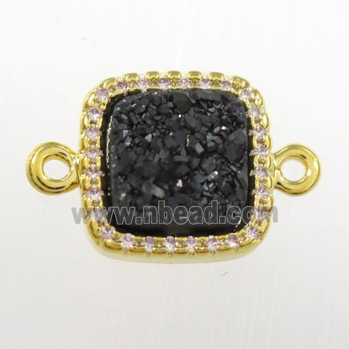 black druzy quartz square connector pave zircon, gold plated