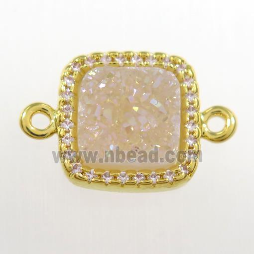 white ab-color druzy quartz square connector pave zircon, gold plated