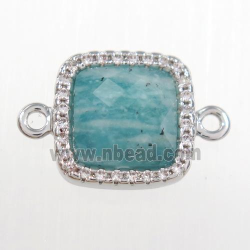 green Amazonite square connector pave zircon, platinum plated