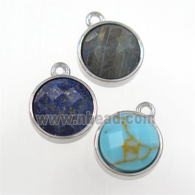 mixed gemstone circle pendant, platinum plated