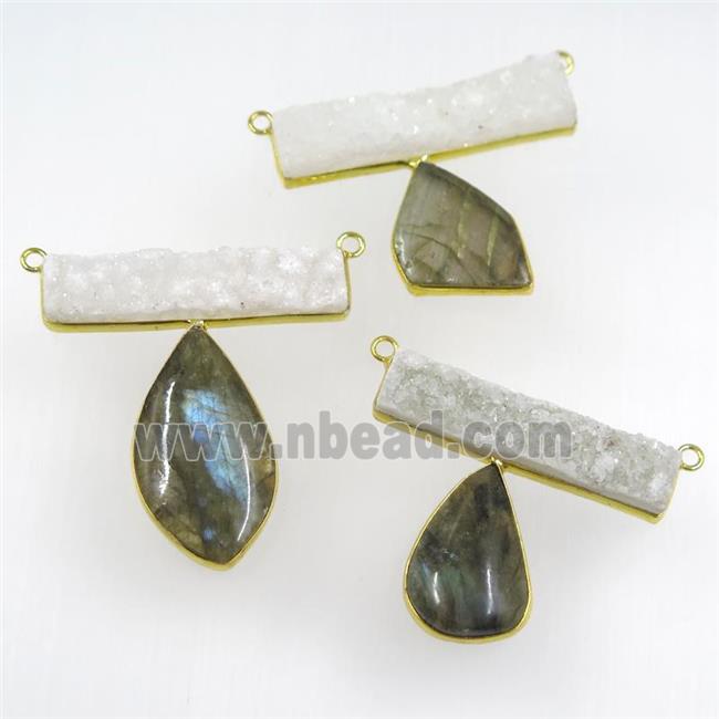 Labradorite pendants with white druzy quartz, freeform, gold plated