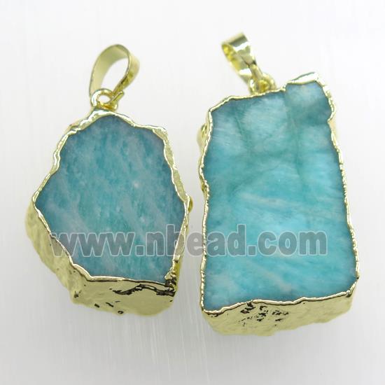 green Amazonite slab pendant, freeform, gold plated