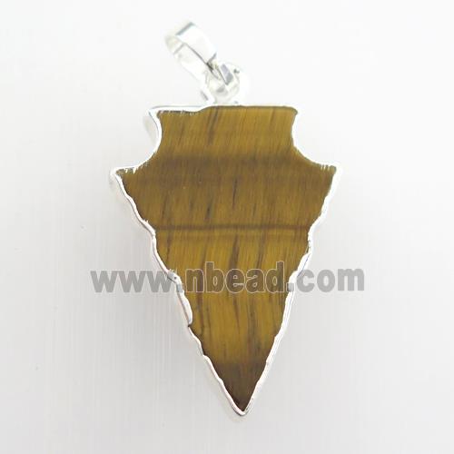 natural yellow Tiger eye stone pendant, arrowhead, silver plated