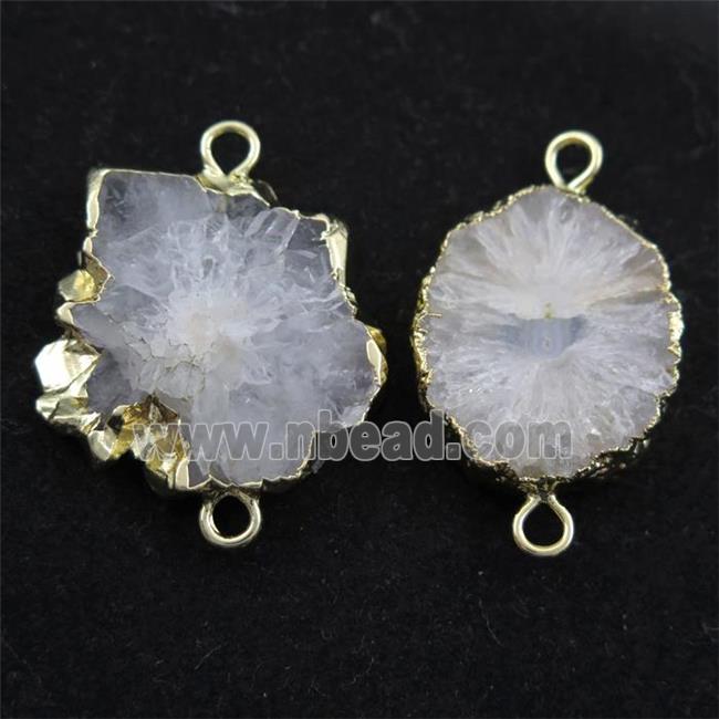 white Solar Druzy Quartz connector, freeform, gold plated