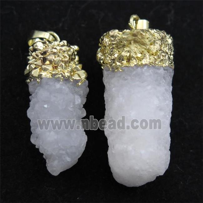 white druzy quartz pendants, gold plated