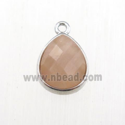 peach Sunstone pendant, teardrop, platinum plated