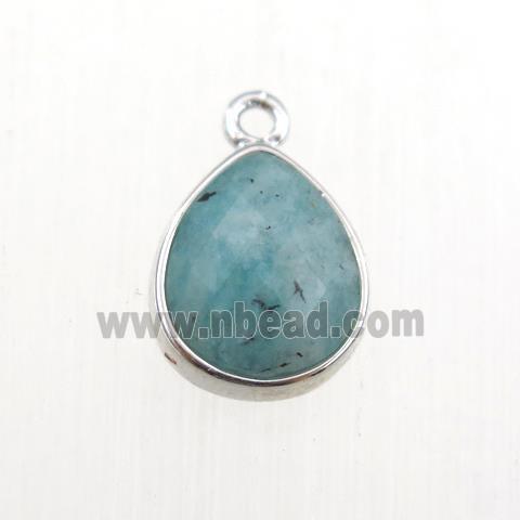 green Amazonite pendant, teardrop, platinum plated