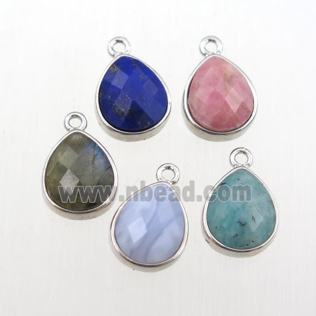 mixed gemstone pendant, teardrop, platinum plated