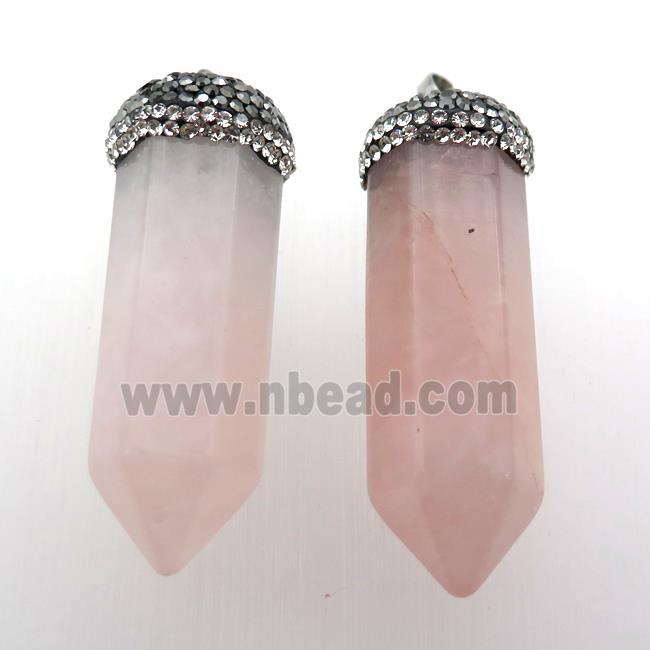 Rose Quartz bullet pendant pave rhinestone, gold plated