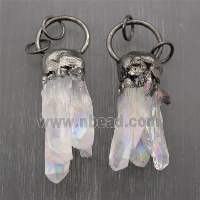 white AB-color Crystal Quartz pendants, black plated