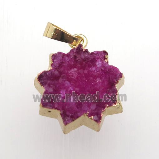 hotpink Druzy Quartz sunflower pendant, gold plated