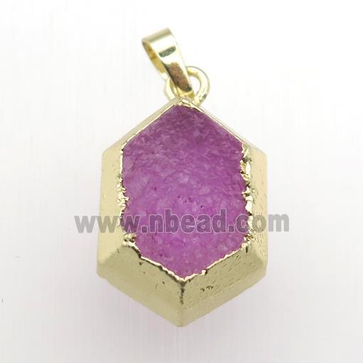 hotpink Druzy Quartz hexagon pendant, gold plated