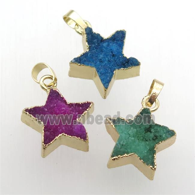 Druzy Quartz star pendant, gold plated, mixed color