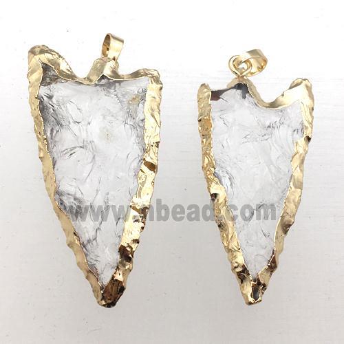 hammered Clear Quartz arrowhead pendant, gold plated