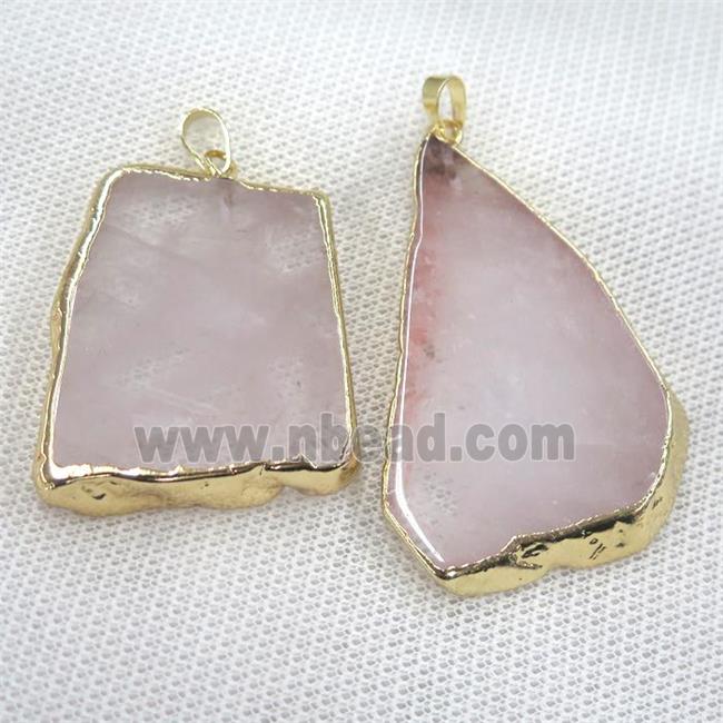 Rose Quartz slab pendant, freeform, gold plated